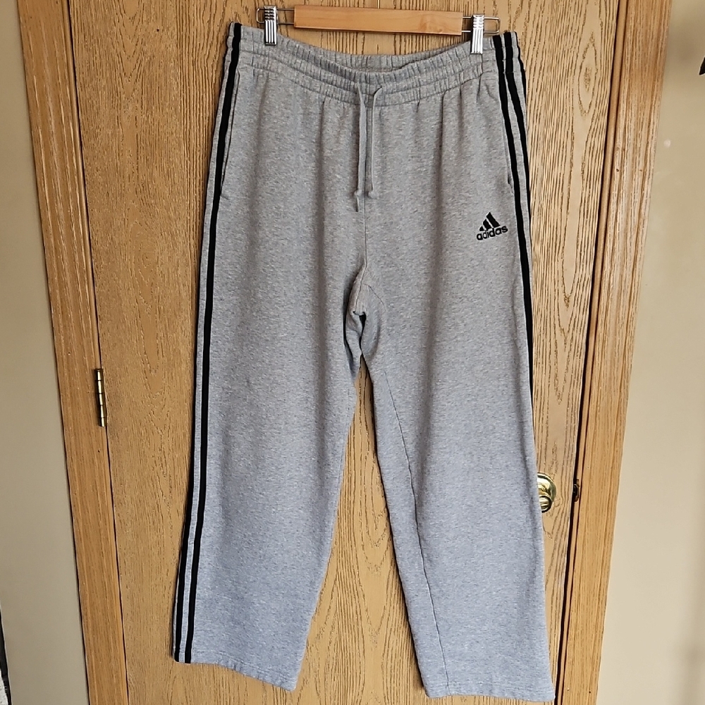 Adidas Mens Gray Joggers with Black Stripes